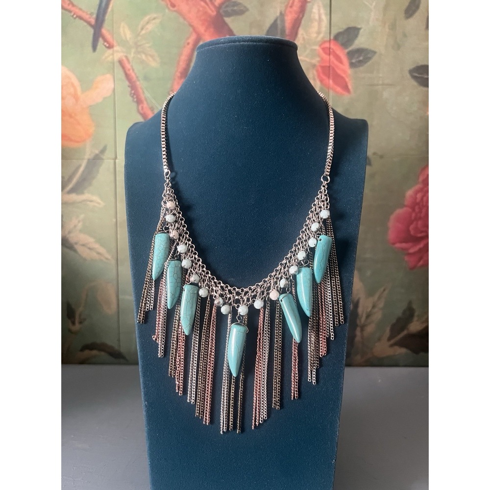 Boho Mixed Metal Fringe Statement Necklace Faux Turquoise Spike Bib Necklace